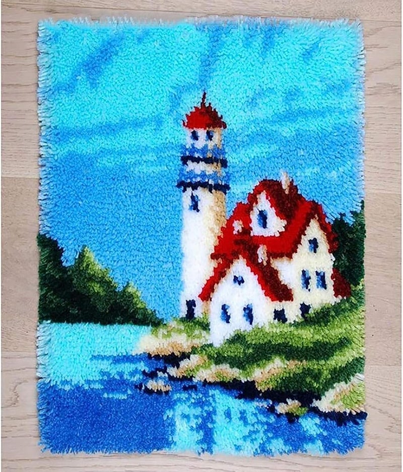 ZFFLYH Latch Hook Kits DIY Crochet Yarn Rugs Tapestry Hooking Needlework Crafts Arts Kit Color Preprinted Pattern Home Decoration Festival Gift for Adults and Beginner,Lighthouses - Image 1